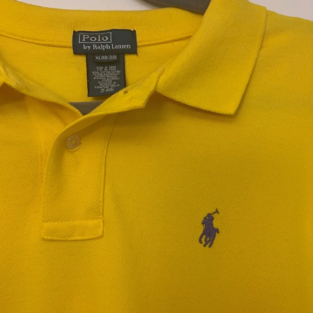 Polo Ralph Lauren Mens XL Yellow Short Sleeve Pique Polo Shirt Purple Pony Logo